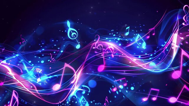 International Strange Music Day. World Music Day. Colorful musical notes and waves on a dark background. Musical note background. musical Note with waves of light and sound. Copy space area for text  