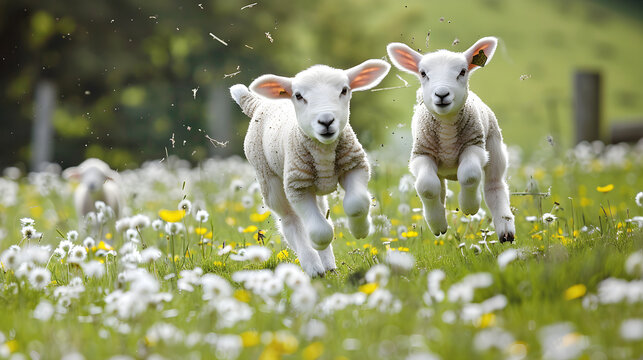 Adorable young lambs playing joyfully in a green field under clear blue skies.