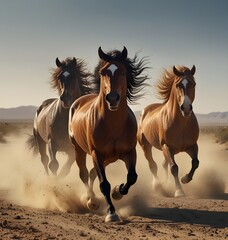 Fototapeta premium Horses with long mane portrait run gallop in desert dust