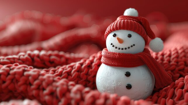 Cozy winter scene with a cute snowman in a red hat and scarf, surrounded by a warm knitted blanket, capturing the festive holiday spirit.