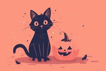Cute black cat with halloween pumpkin on color background