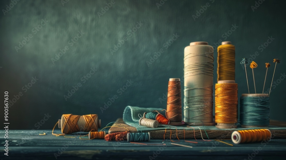 Poster various colorful spools of thread and sewing tools on a rustic table. perfect image for crafting and