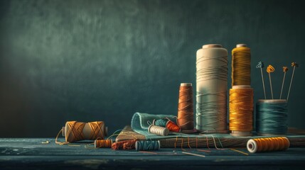 Various colorful spools of thread and sewing tools on a rustic table. Perfect image for crafting and DIY projects. The vintage aesthetic evokes a sense of nostalgia and creativity. AI