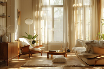 Fototapeta premium Create a hyperrealistic photo of a modern living room in 2024, featuring minimalist Scandinavian design. The room should have a neutral color palette with pops of pastel colors, sustainable furniture