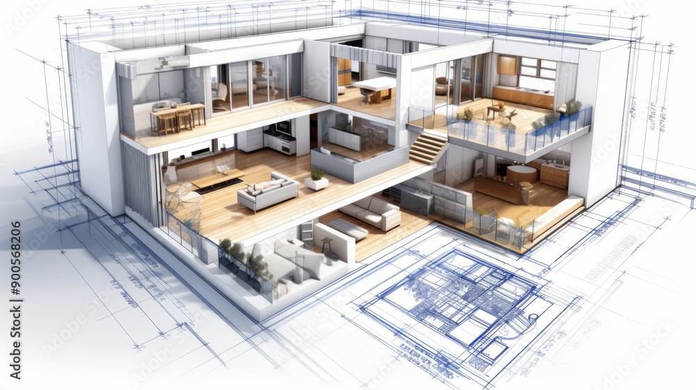 Aufkleber vision of architecture of a 3d model house project with blueprint