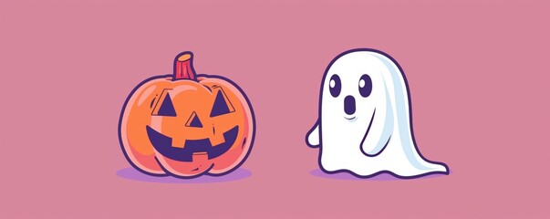 Cute ghost with halloween pumpkin on color background