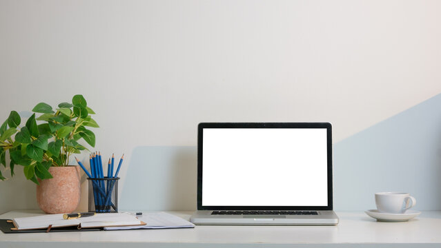 Minimalist and clean home office setup featuring a laptop with a blank white screen, ideal for inserting your own content. The desk is organized with a potted green plant.
