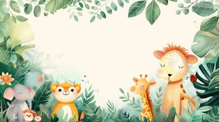 Soft watercolor frame featuring adorable animals among lush plants, perfect for highlighting your text.