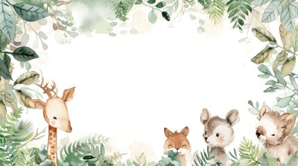 Soft watercolor frame featuring adorable animals among lush plants, perfect for highlighting your text.