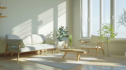 3D Interior Design of Living Room with Scandinavian Theme Concept