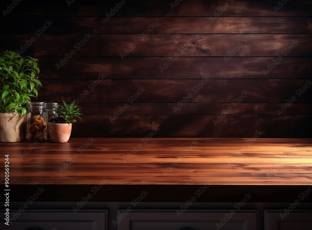 Aufkleber empty wooden countertop with plants and jars against a rustic wooden backdrop background