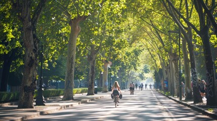 Fototapeta premium Green city park with people passing by on the street