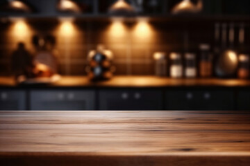 Empty wooden tabletop with a blurred background of home kitchen