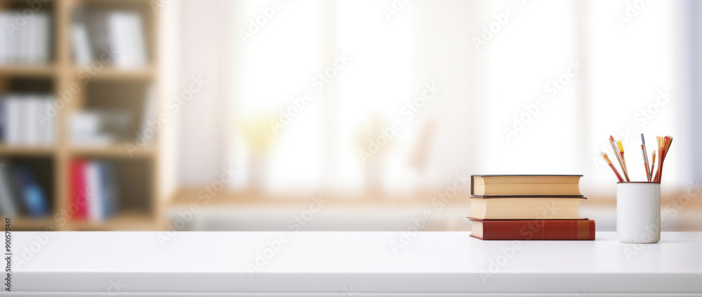 Aufkleber Stack of books and a cup of paintbrushes on a white desk in a blurred window and bookshelf background