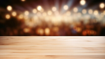Empty wooden table top with blurred restaurant or cafe lights background, ideal for product placement
