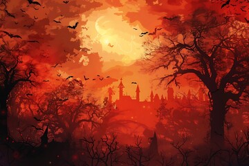 Obraz premium Silhouetted Haunted Castle in a Crimson Forest