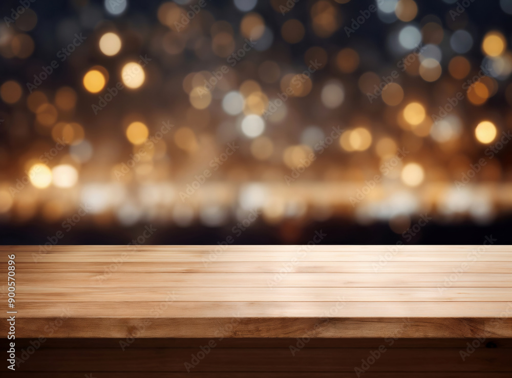 Aufkleber empty wooden tabletop with bokeh lights background, suitable for product placement and business adve