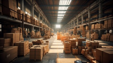 Interior of a modern warehouse storage of retail shop with pallet truck near shelves. Neural network ai generated art