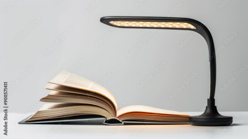 Poster an open book sits on a table next to a warm lamp, perfect for reading or studying