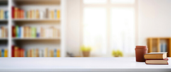 White desk with books and coffee cup in a blurred bookshelves background, ideal for placing your product