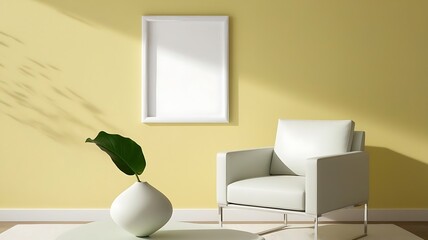 A bright, pastel yellow wall serves as a backdrop for a sleek. A blank frame on the wall above the armchair.