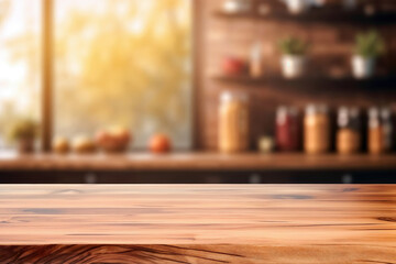 Empty wooden tabletop with blurred kitchen background sunshine, ideal for product placement