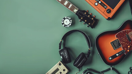 International Strange Music Day. World Music Day. Headphones, cassette tape and guitar on green background with copy space area for text. Music day event and musical instruments.