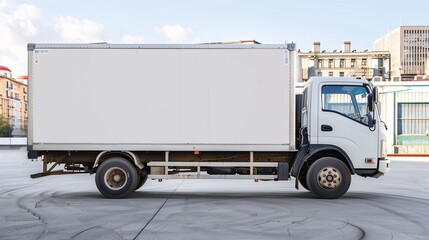 A white box truck parked in an industrial area with warehouses in the background