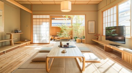 3D Interior Design of Living Room with Japanese Theme Concept