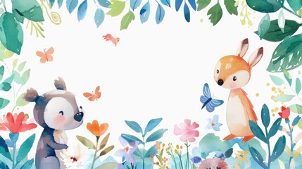 Fototapeta premium Watercolor frame with cute animals and vibrant plants, perfect for highlighting your message.