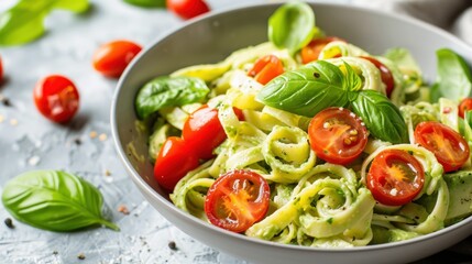 A bowl filled with creamy avocado pasta, topped with vibrant cherry tomatoes and fresh basil leaves