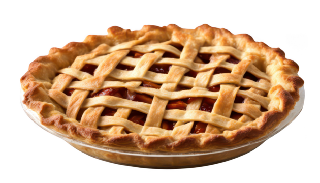 Delicious apple pie with a golden brown lattice crust isolate on transparent background, cutout, png