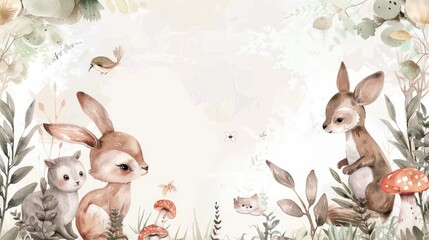 Fototapeta premium Soft watercolor frame with cute plants and animals, providing a lovely background for text
