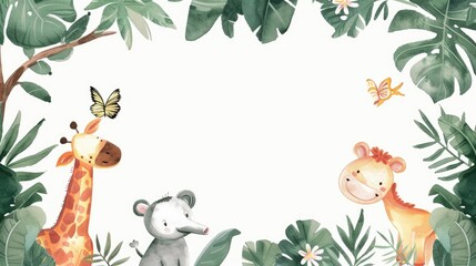Watercolor frame featuring cute animals and lush plants, perfect for text.