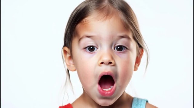 A young girl with a surprised expression on her face. She is wearing a blue shirt. Concept of curiosity and wonder