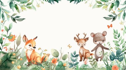 Fototapeta premium Watercolor frame with cute animals among lush plants, providing space for your message.