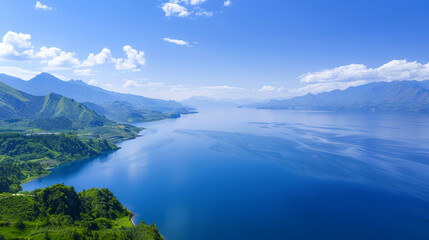 Naklejka premium Breathtaking aerial view of a tranquil lake, surrounded by lush mountains under a clear blue sky, perfect for natural landscape imagery.