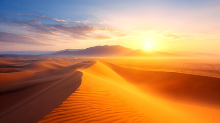 Breathtaking desert landscape at sunset showcasing golden dunes and vibrant skies, perfect for nature and travel themes.