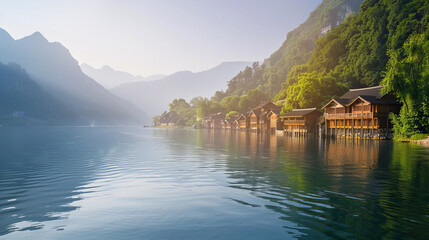 Fototapeta premium Serene lakeside view showcasing wooden houses nestled among lush mountains under soft morning light.