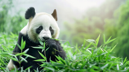 Fototapeta premium A serene panda munching on fresh bamboo in a lush, green environment, showcasing the beauty of wildlife.