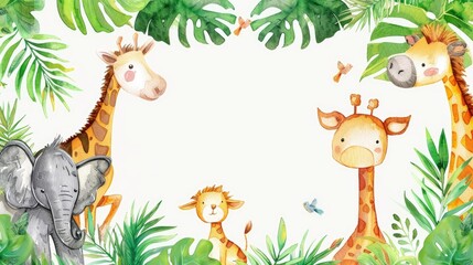 Fototapeta premium Watercolor frame with cute animals among lush plants, perfect for highlighting your message.