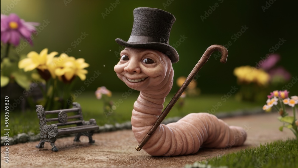 Wall mural a cartoon worm with top hat and cane in a garden, ai