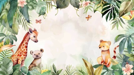 Fototapeta premium Watercolor frame with cute animals among lush plants, providing space for your message