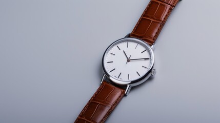 Classic wristwatch with a smooth leather strap, isolated neutral background, plenty of space for copy text, detailed view of the watch hands and features