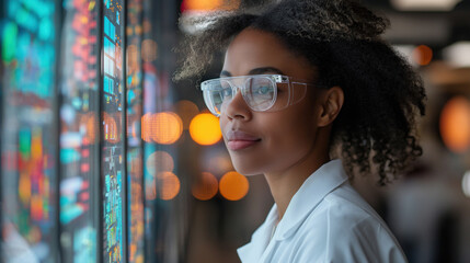 Female engineer wearing safety glasses, analyzing data on a digital display in a modern tech environment


