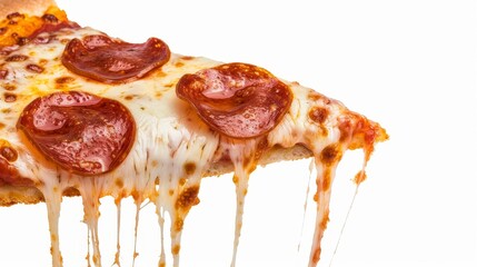 Delicious pepperoni pizza slice with gooey cheese strings, isolated background, designed for text overlay, perfect for food advertisements