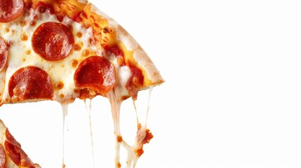 Delicious pepperoni pizza slice with gooey cheese strings, isolated background, designed for text overlay, perfect for food advertisements