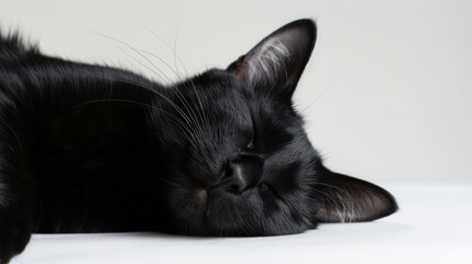 Elegant black cat lounging in a bright sunbeam, its fur glistening against a clean white background, highlighting the contrast and detail