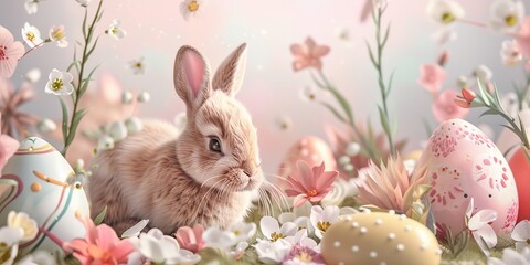 PIcture of cute rabbits in flower garden on coloured background. Generative ai.