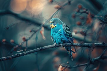 Obraz premium A blue bird sits on the edge of a tree branch, looking out at its surroundings